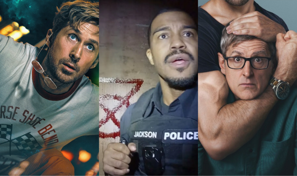 A imagem é um banner horizontal composto por três blocos verticais, cada um representando um dos filmes, organizados lado a lado. À esquerda, há uma cena de Ficção Científica. Um homem aparece em primeiro plano, inclinado, com expressão de surpresa ou alerta. Ele está dentro de uma nave ou ambiente tecnológico, com luzes e painéis ao fundo. A iluminação mistura tons frios e quentes, criando um contraste visual forte e um clima mais contemplativo e dramático. No centro, a imagem muda completamente de atmosfera. Um policial com câmera corporal aparece em um ambiente escuro, iluminado de forma dura e direta, como se fosse uma lanterna ou a própria câmera. Atrás dele, há um símbolo desenhado na parede com tinta vermelha, sugerindo algo violento ou sobrenatural. A expressão dele é tensa, reforçando o clima de terror. À direita, o tom é mais neutro e controlado. Um homem mais velho, de óculos, está sendo segurado por trás por outro homem mais forte, que envolve seu pescoço com o braço. A cena não é explicitamente violenta, mas carrega uma tensão simbólica, relacionada a controle, poder ou constrangimento. O fundo é limpo e a iluminação é mais suave, com uma estética quase de ensaio fotográfico ou documentário..