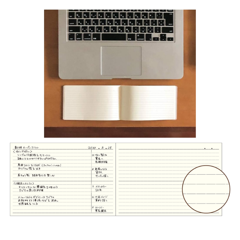 Vista superior de uma mesa com um notebook parcialmente visível na parte superior e um caderno aberto abaixo; na parte inferior da imagem, há um layout de página de caderno com linhas, contendo anotações manuscritas em japonês à esquerda e uma área em branco à direita com um círculo destacado.