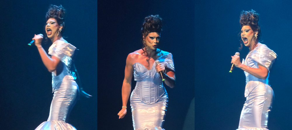 DesiRée Beck DesiRée: sequência de três fotos do mesmo performer com vestido justo metálico, cantando com intensidade. expressões faciais fortes e postura corporal marcada, destacando performance vocal.
