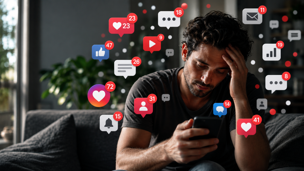 Homem adulto sentado em um sofá, em um ambiente doméstico, olhando para o celular. Ele apoia uma das mãos na cabeça. Ao redor dele aparecem vários ícones flutuantes de notificações digitais: curtidas, mensagens, comentários, alertas, gráficos, vídeos e símbolos de interação social. Alguns têm números altos em vermelho, como se representassem engajamento, cobranças ou acúmulo de demandas.