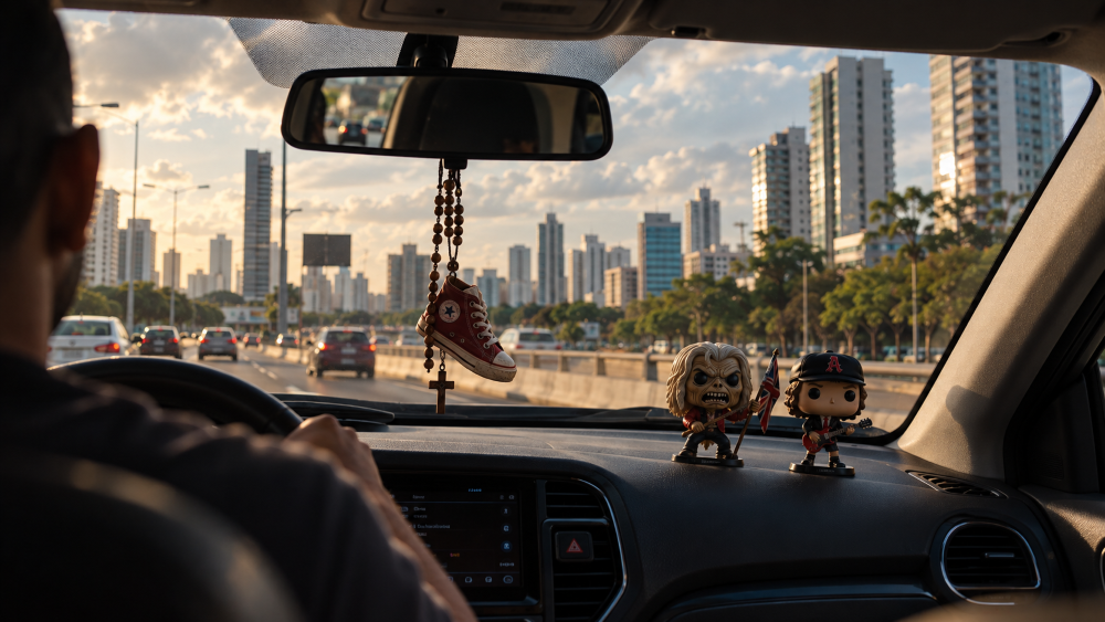 Interior de um carro visto do banco traseiro, com motorista ao volante e uma cidade ao fundo. No retrovisor, estão pendurados um terço e um pequeno All Star vermelho. Sobre o painel, dois bonecos de músicos de rock.