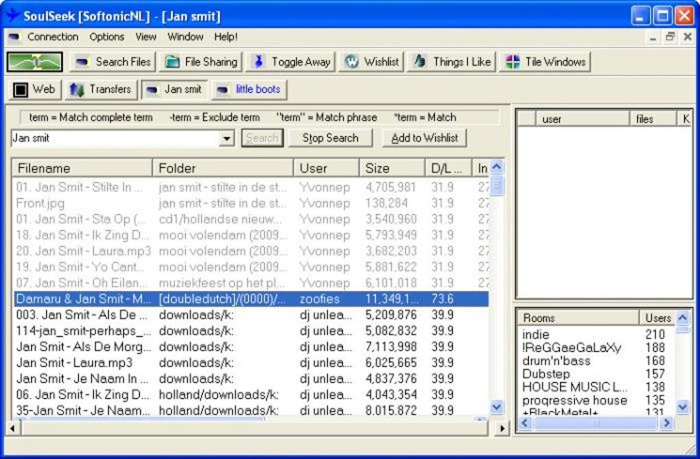 Captura de tela de uma versão antiga do Soulseek no Windows, com resultados de busca por arquivos MP3, nomes de usuários, tamanhos dos arquivos e salas de bate-papo.