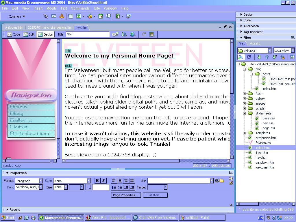 Captura de tela do Macromedia Dreamweaver MX 2004 no Windows XP, exibindo a edição visual de uma página pessoal, com menus de navegação, painel de arquivos e ferramentas de formatação.