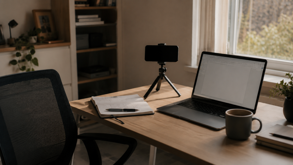 Escritório doméstico com notebook aberto, celular em um tripé, caderno de anotações e caneca de café sobre uma mesa de madeira. A cadeira está vazia e a luz natural entra pela janela ao lado.