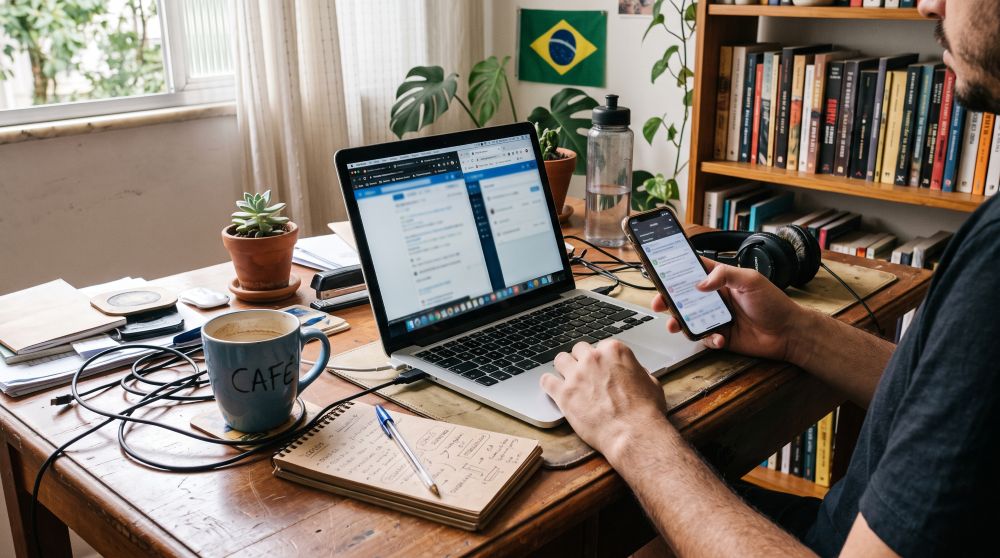Uma pessoa está sentada diante de uma mesa de madeira, usando simultaneamente um notebook e um smartphone. O notebook está aberto com várias janelas e abas no navegador, enquanto a pessoa segura o celular com uma das mãos. A mesa tem aparência cotidiana e levemente desorganizada, com uma caneca de café, caderno com anotações manuscritas, caneta, fones de ouvido, cabos, papéis, pequenos objetos e vasos de plantas. Ao fundo há uma estante cheia de livros, mais plantas e uma pequena bandeira do Brasil na parede. O ambiente é doméstico e iluminado por luz natural vinda de uma janela à esquerda. A composição mistura elementos digitais e analógicos e transmite a sensação de uma rotina bastante conectada, com vários dispositivos, informações e objetos coexistindo no mesmo espaço.