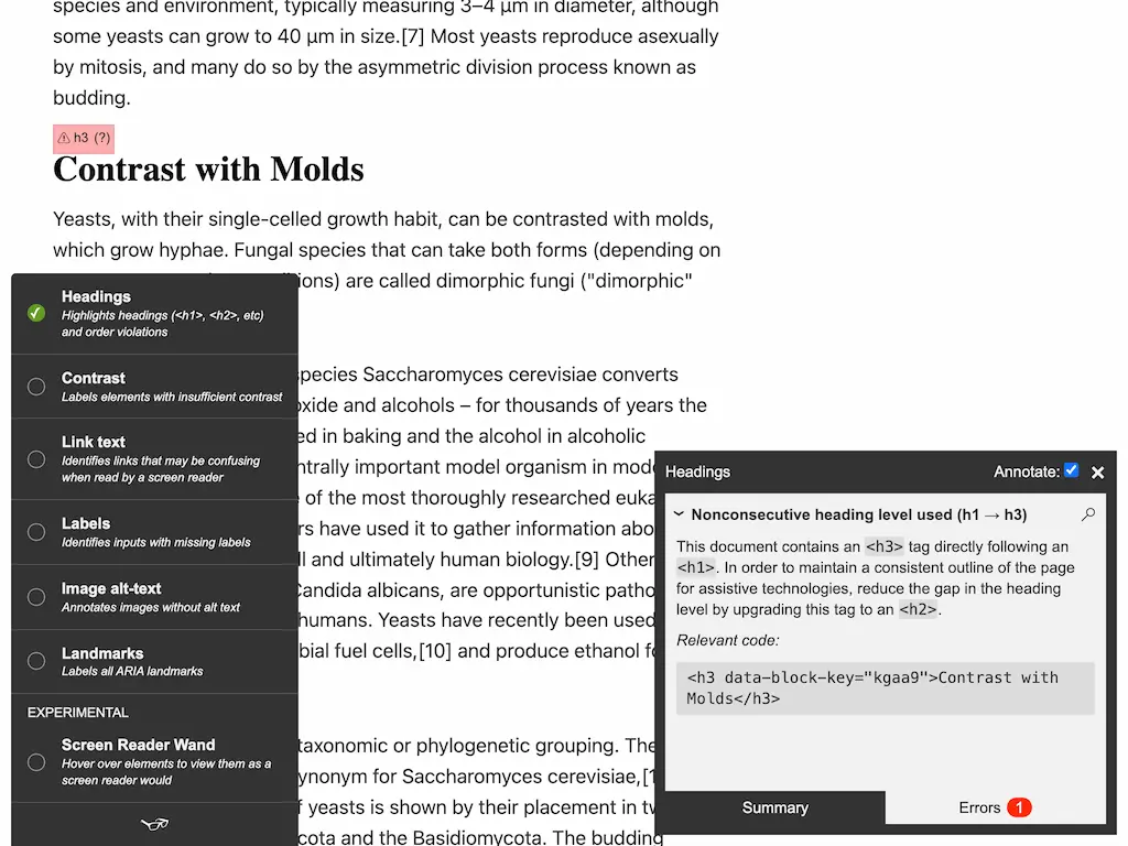 Screenshot of a content page with accessibility checker, flagging a heading issue