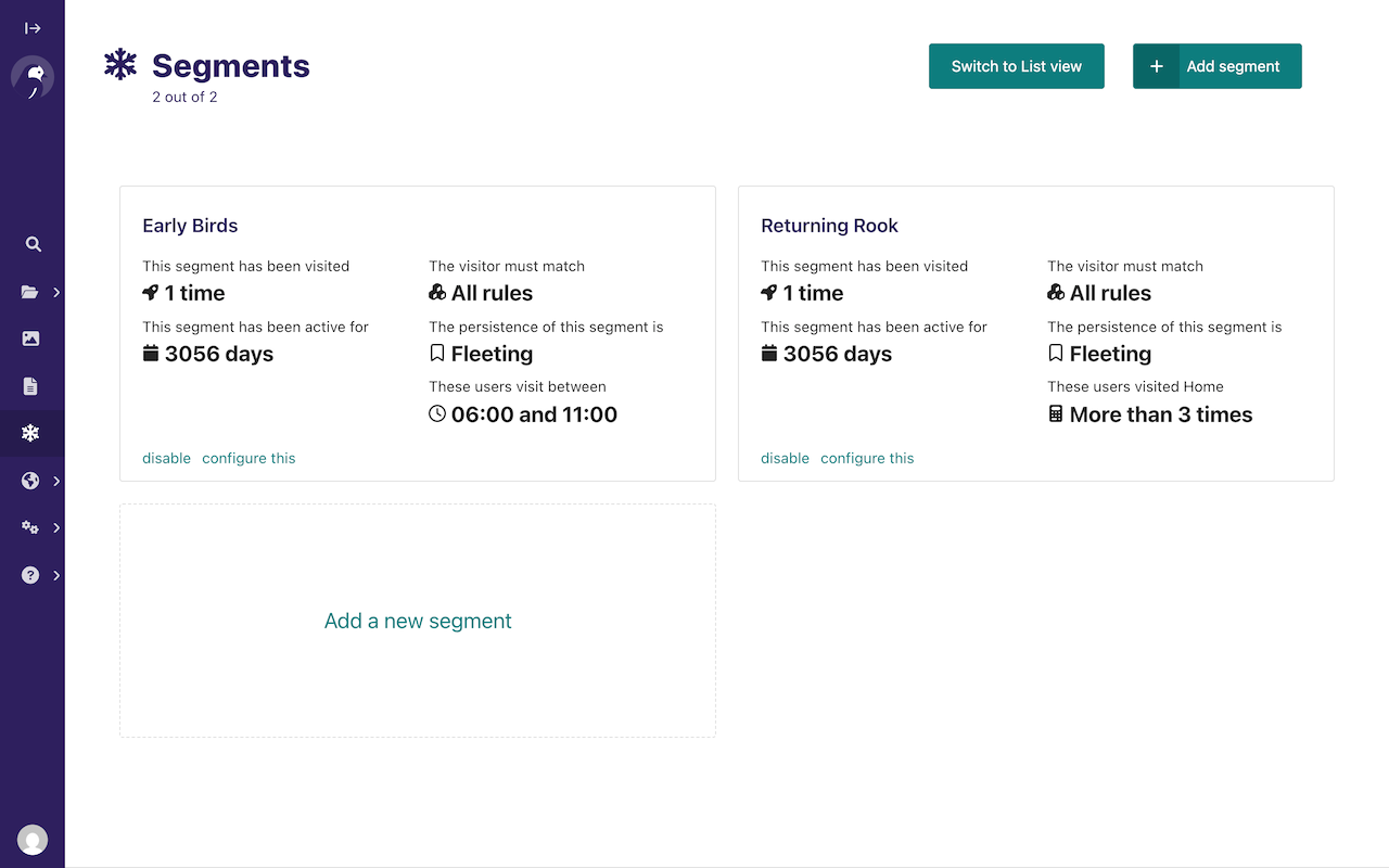 The segment dashboard view