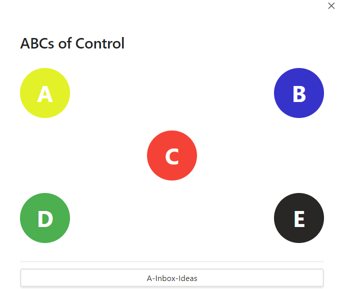 ABCs modal with A highlighted and A-Inbox-Ideas template selected.