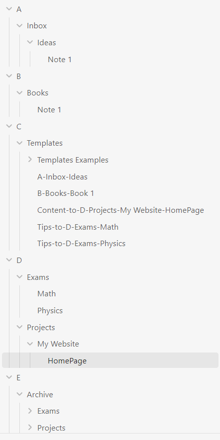 ABCs vault structure showing A, B, C/Templates, D (Projects/Exams), and E/Archive with example templates.