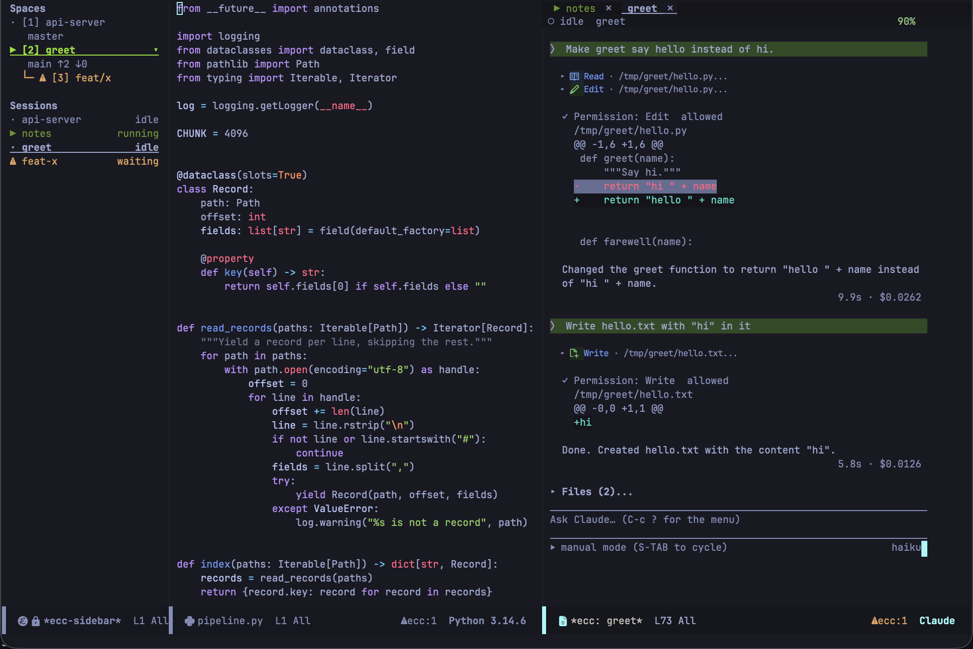 A whole session: two prompts, the tools each one ran, the diffs they were allowed to make, and the answers