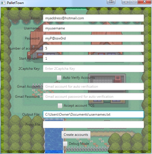 Create 5 numbered accounts (eg: user1,user2,user3) with a specific username and password, with manual captcha, and save the details to a file