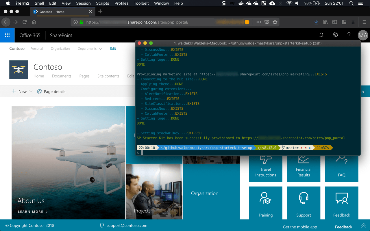 Terminal window with the output of the provisioning script on top of a web browser with the starter kit