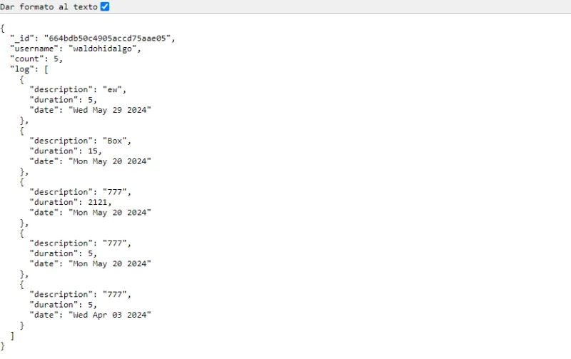 Logs de ejercicios creados para el usuario ingresado