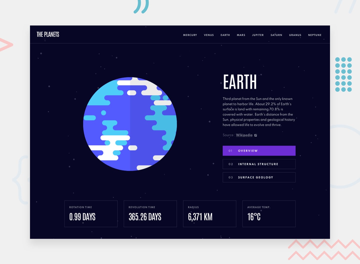 Design preview for the Planets fact site coding challenge