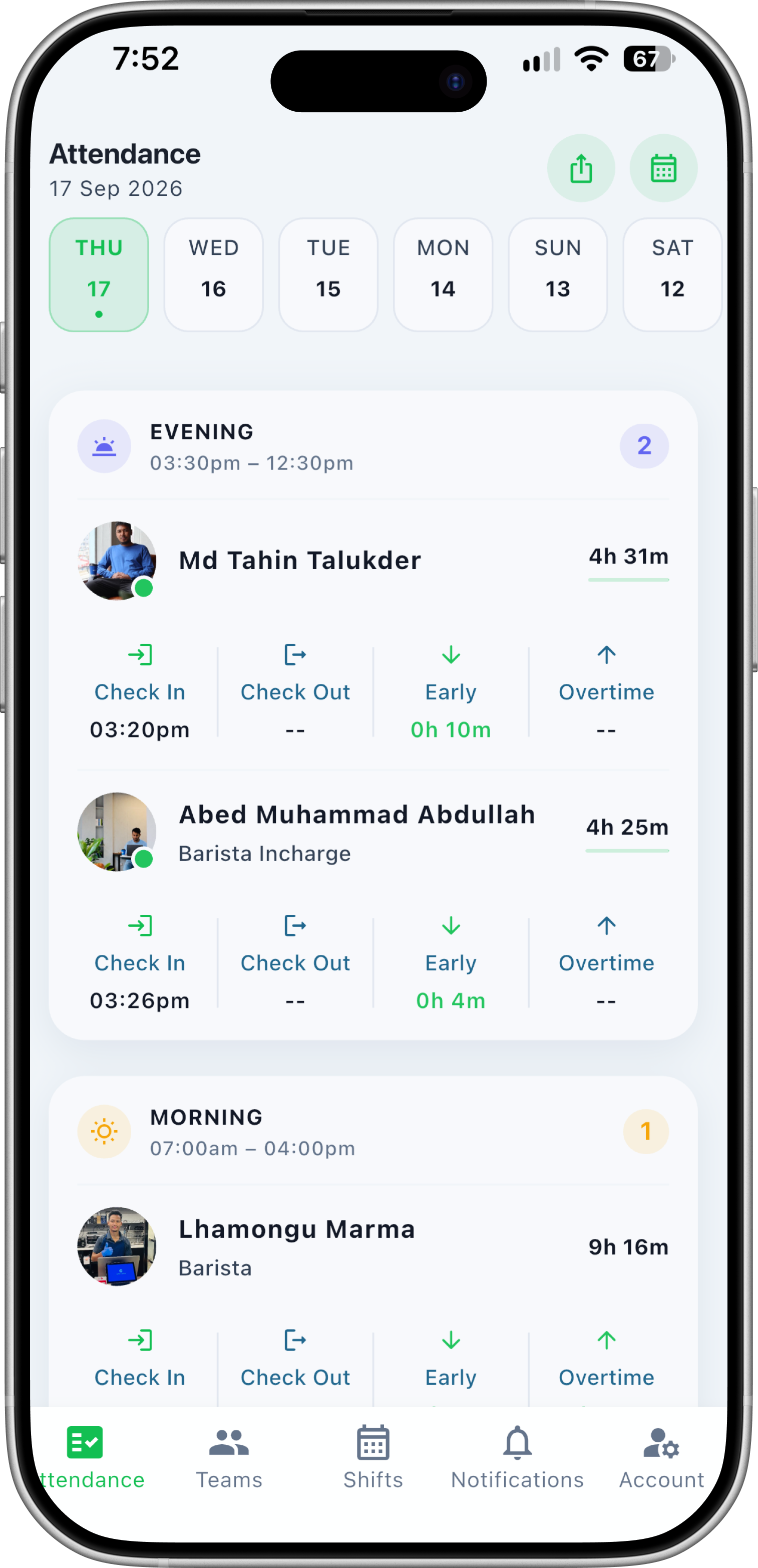 Shiftick daily attendance dashboard on a phone