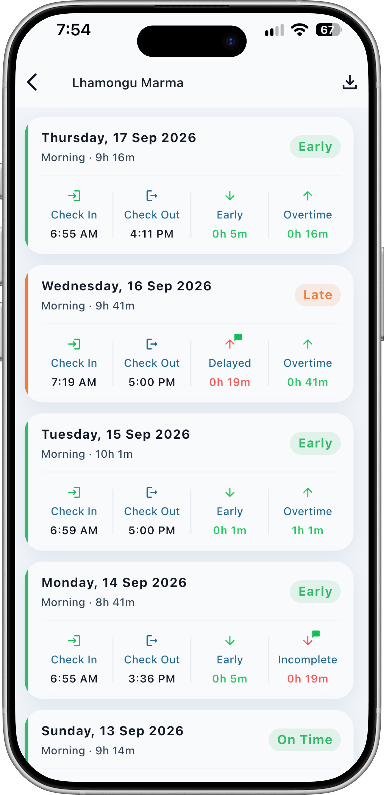 Shiftick individual employee shift log on a phone