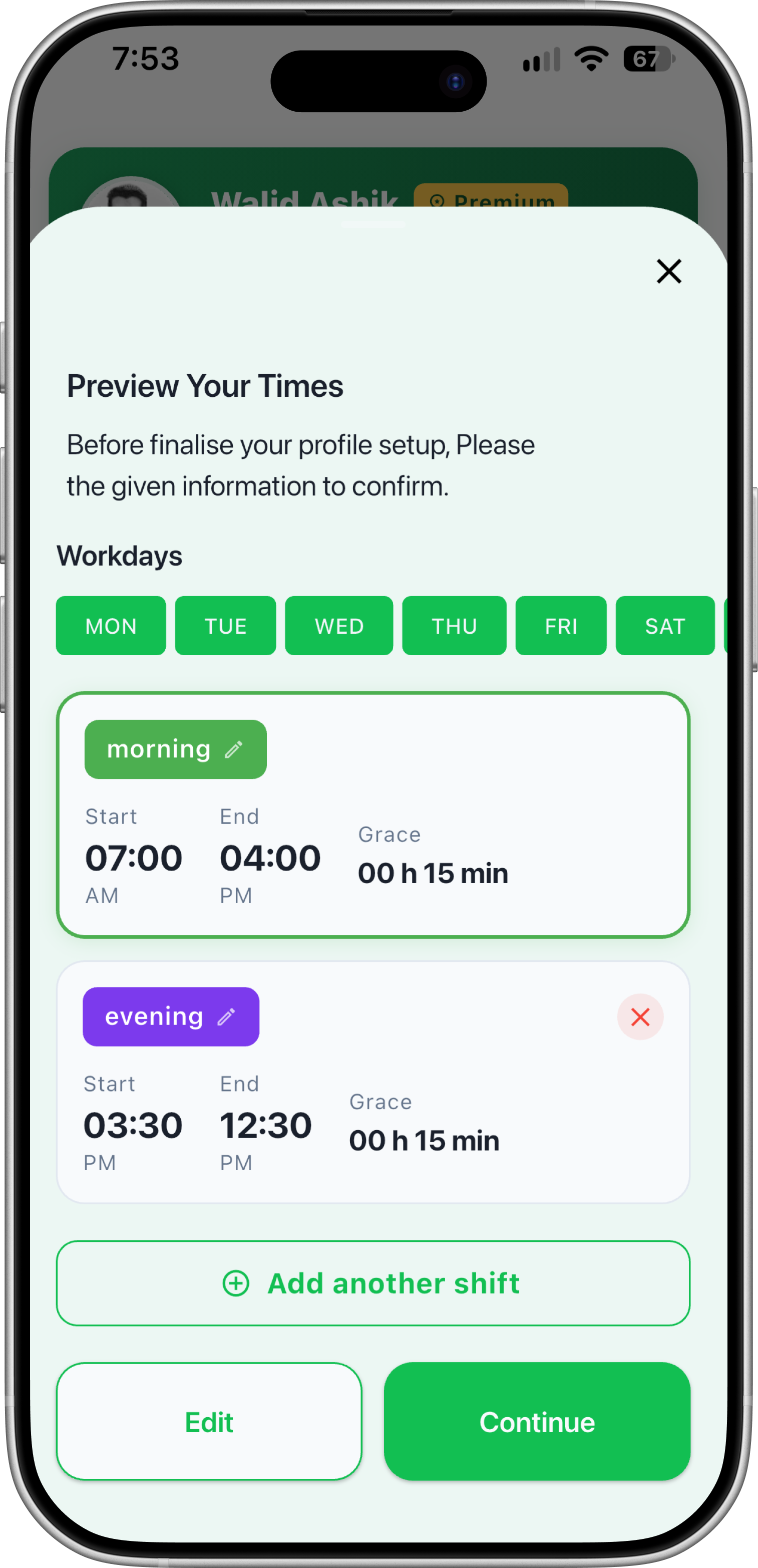 Shiftick multi-shift scheduling screen on a phone