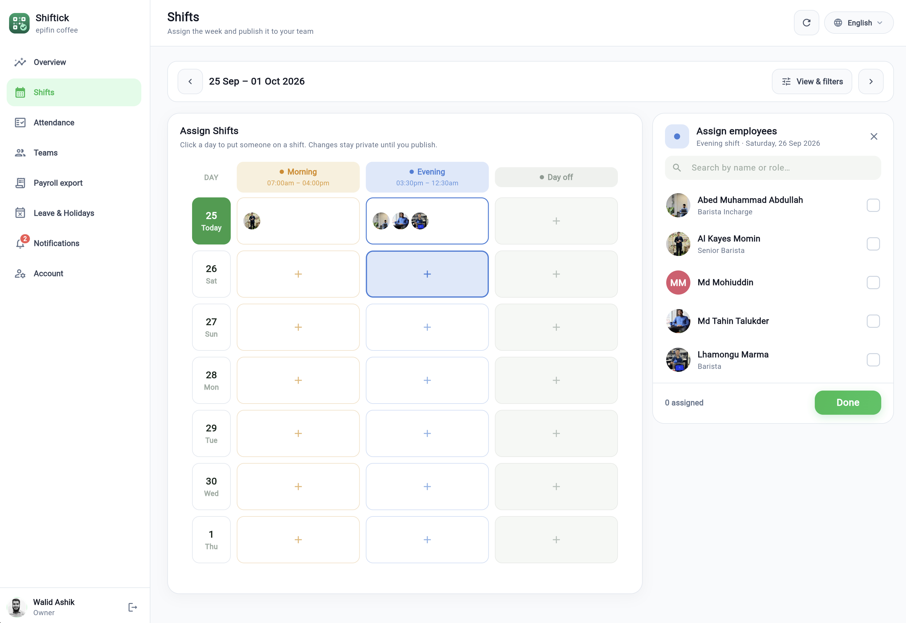 Shiftick web console showing shift assignment and rostering