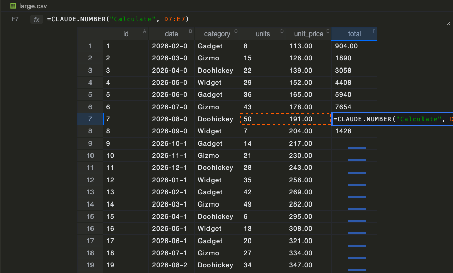 CSV Spreadsheet — GridSheet: editing a CSV as a spreadsheet with an =CLAUDE.NUMBER formula