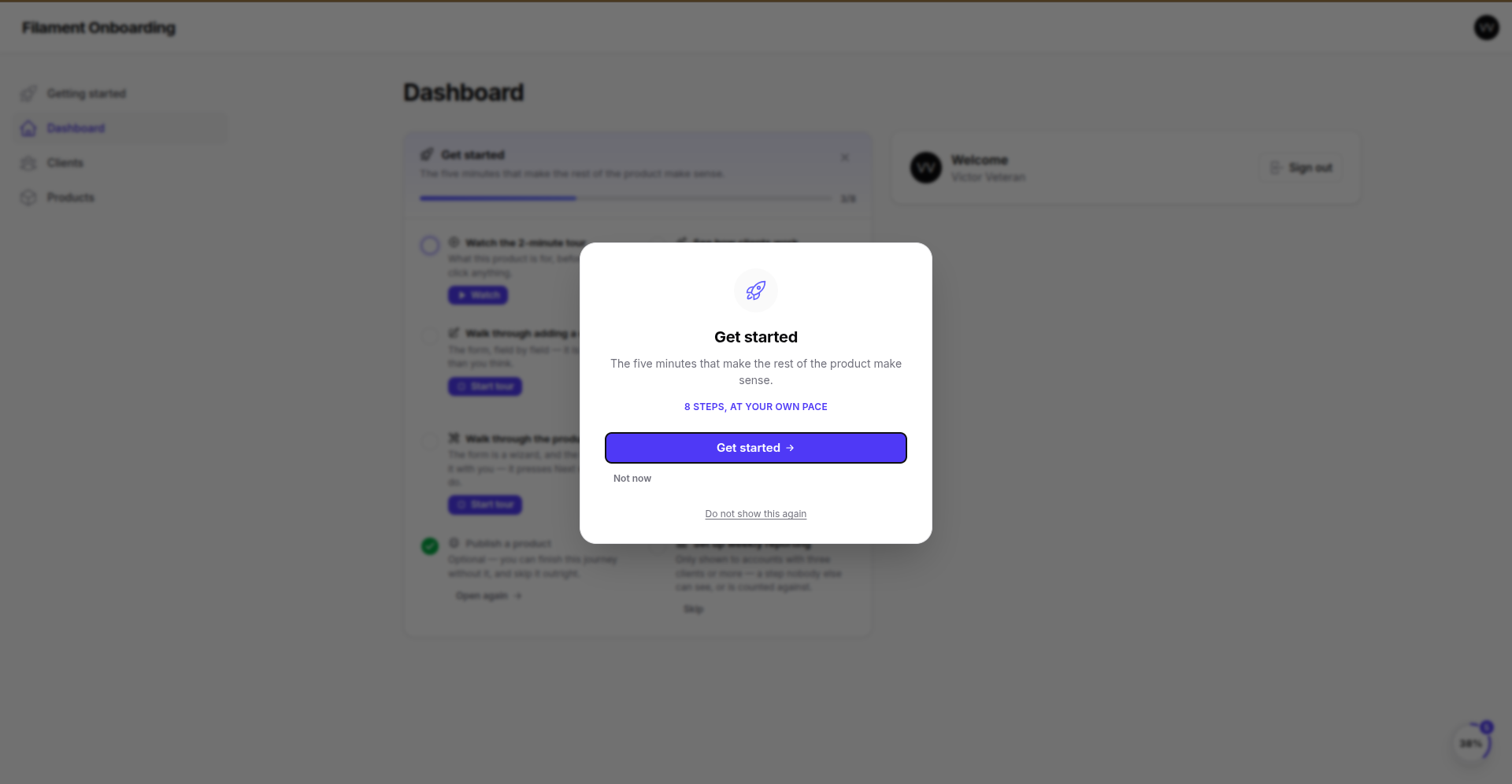 The welcome screen, on an account that is already 38% of the way through