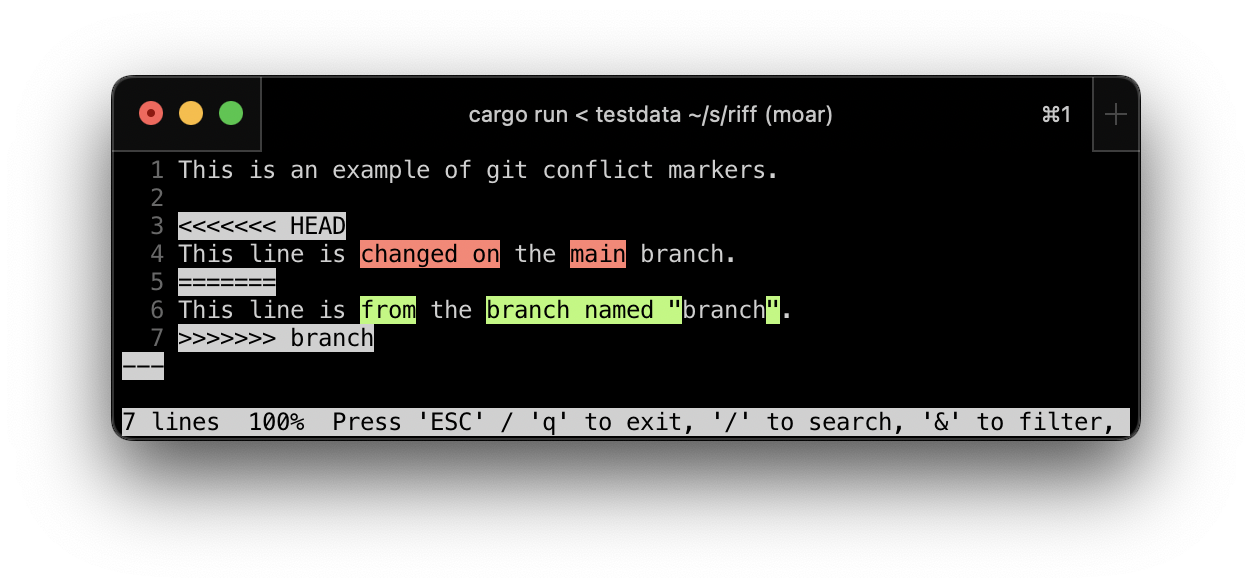 Screenshot of riff highlighting conflict markers
