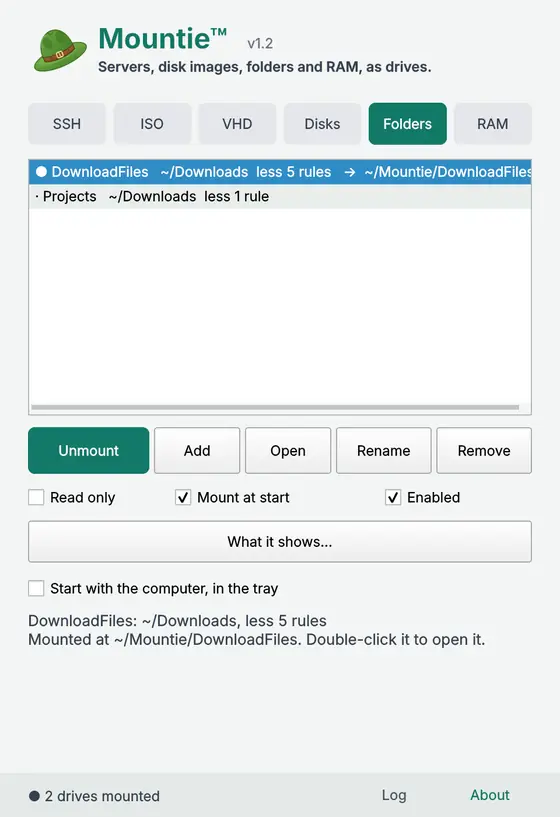 The Mountie window, Folders tab: DownloadFiles, a view of Downloads without the folders, installers and archives, mounted as a drive