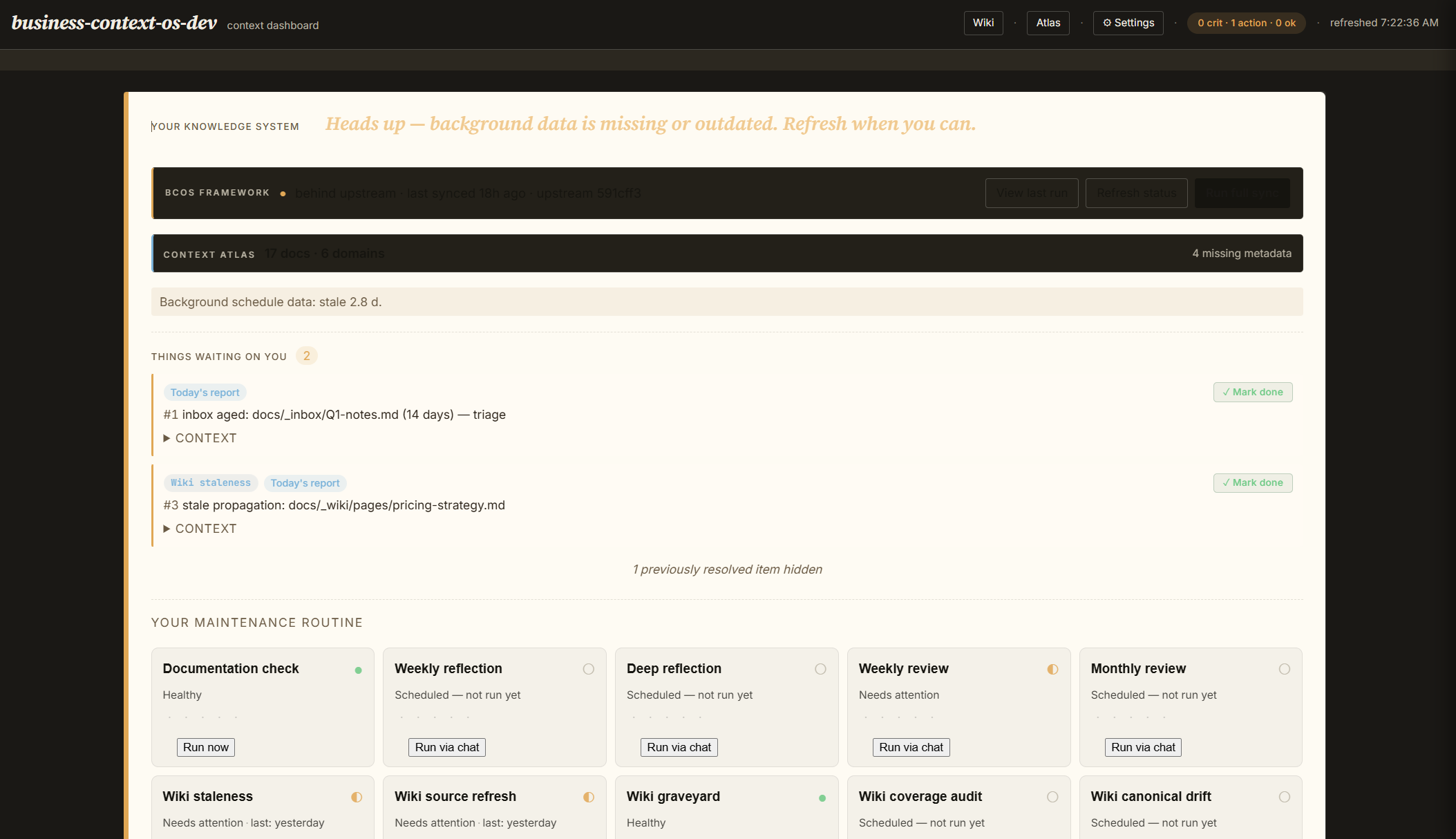 BCOS dashboard cockpit — knowledge system status, things waiting on you, maintenance routine