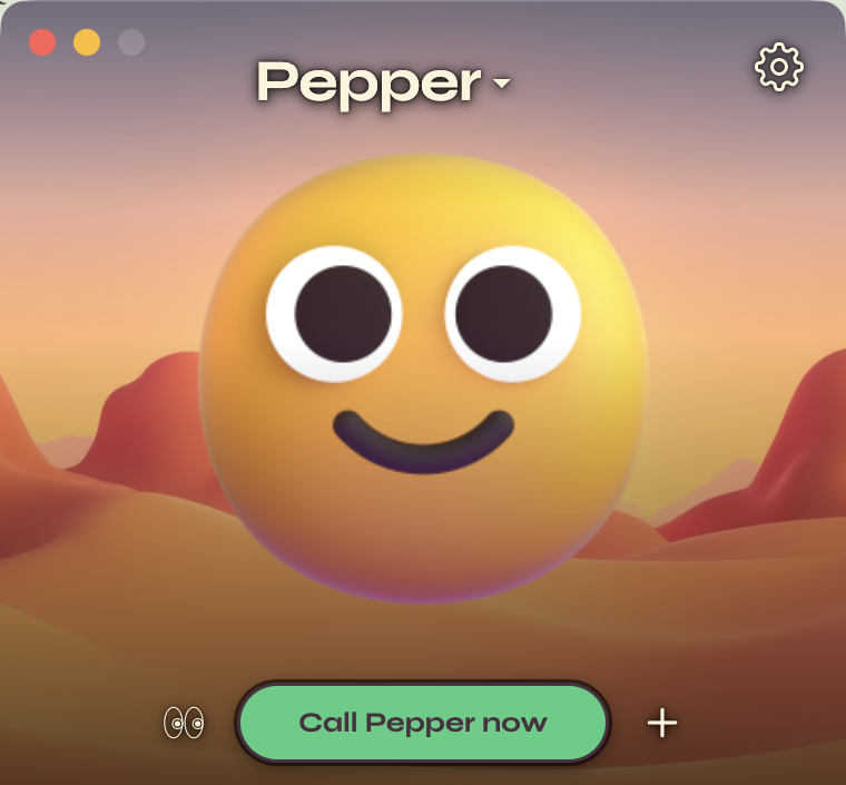 The Vibeconferencing app window: the bot's name at the top, its emoji avatar over a desert background, and a green Call button