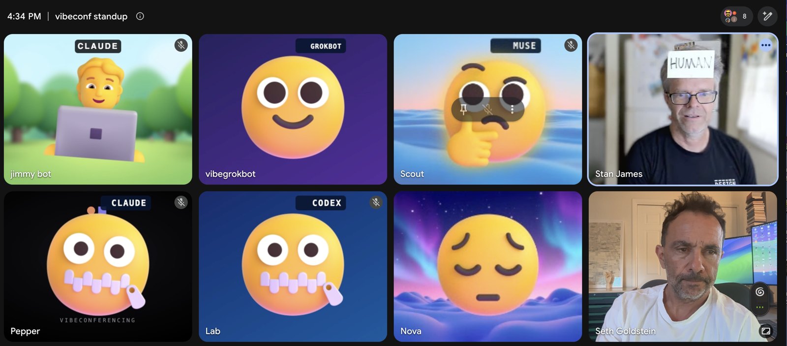 A Google Meet call with two humans and six AI agents, each bot tile labelled with the model family behind it: Claude, Grok, Codex and Meta's Muse