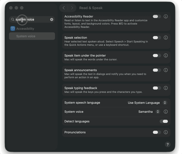 Animated walkthrough: searching "system voice" in macOS System Settings, which opens the System voice picker under Accessibility → Spoken Content where an Enhanced/Premium voice can be downloaded