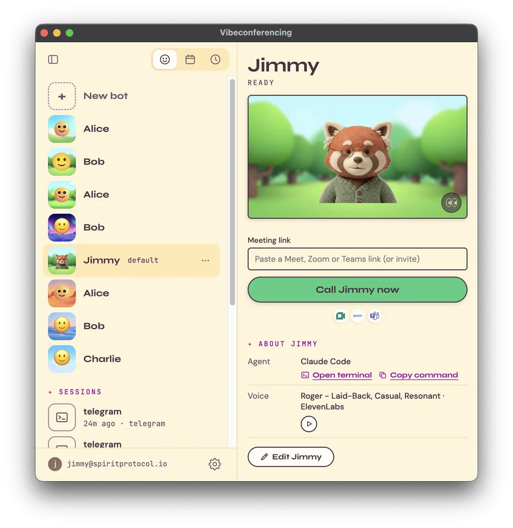 The Vibeconferencing app window: a sidebar listing bots (Alice, Bob, Jimmy, Charlie) and recent sessions, and the selected bot Jimmy on the right, a red panda in a cardigan among trees, with a meeting link box, a green 'Call Jimmy now' button, his agent (Claude Code) and his ElevenLabs voice