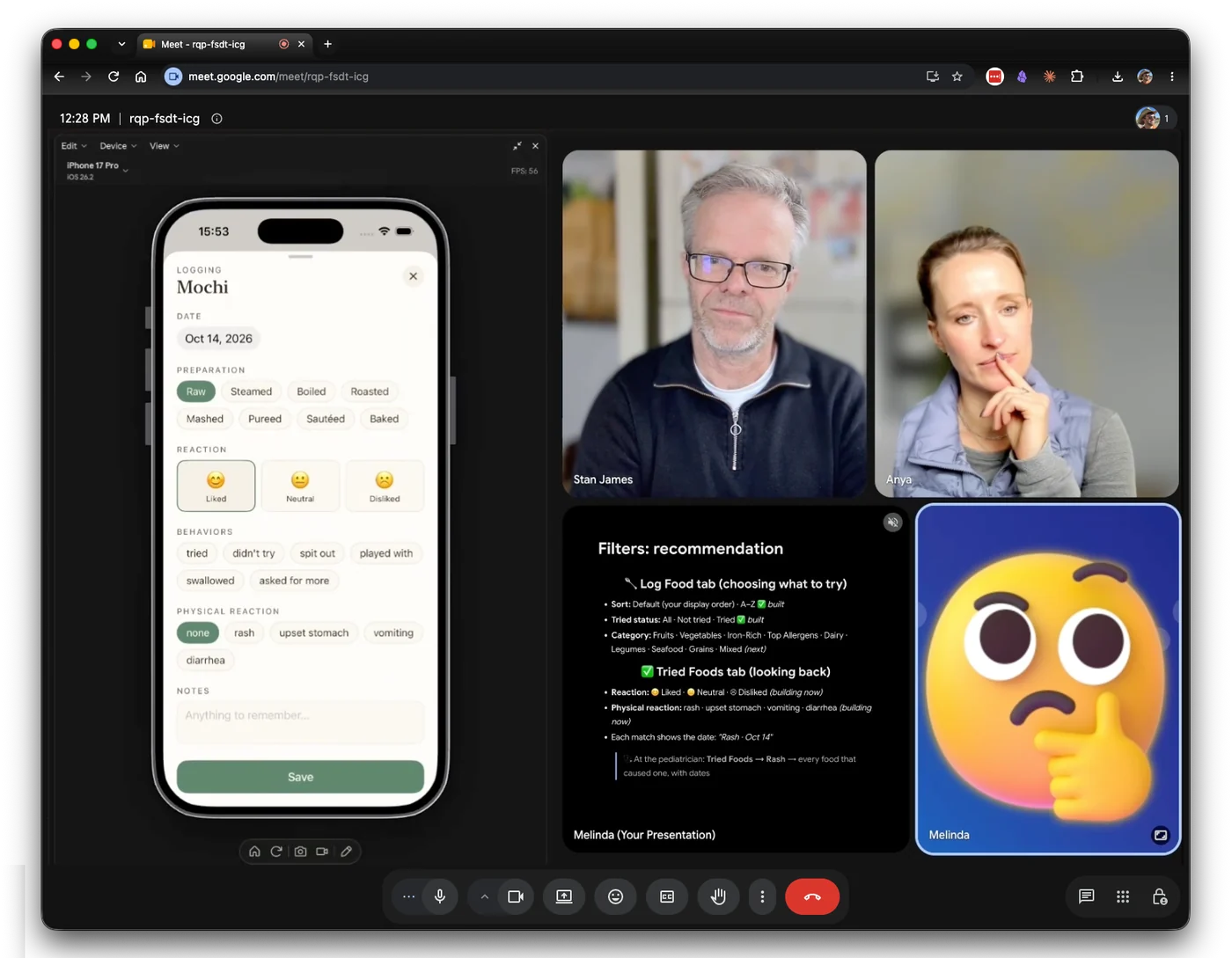 A Google Meet with an engineer, a product manager and their bot Melinda, who is sharing a plan for an iOS app's filters with items ticked as built and building now, while the app itself runs in an iPhone simulator beside the call