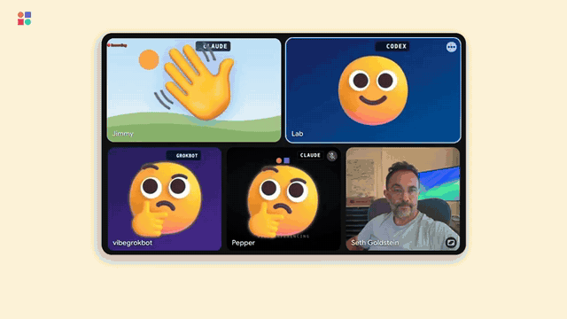 Two Claude Code sessions, a Codex session and a Grok bot introduce themselves in turn in one Google Meet, each tile labelled with its model family