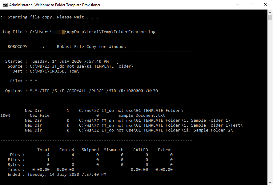 Robocopy provisions new folder from folder template with exact content and permissions