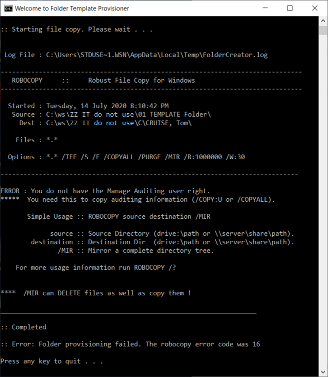 Error - Robocopy error ends with a return code presented to user