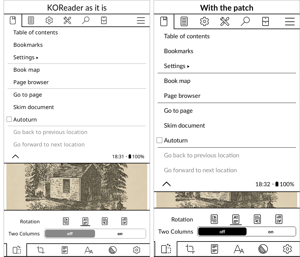 The reading menu, as it is and with the patch