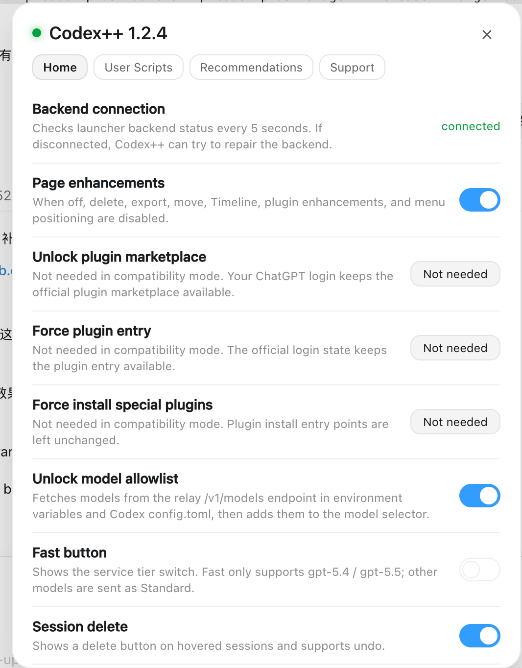 Codex++ settings modal aligned with Codex appearance
