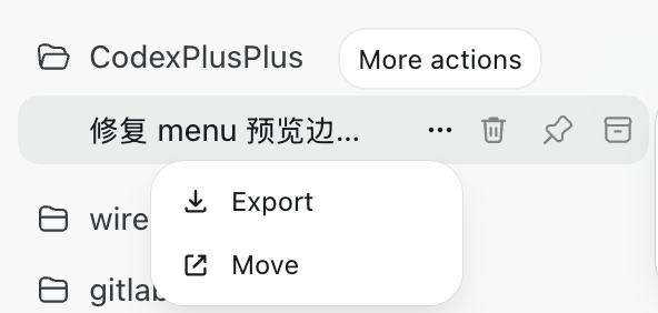 Codex++ sidebar More actions menu