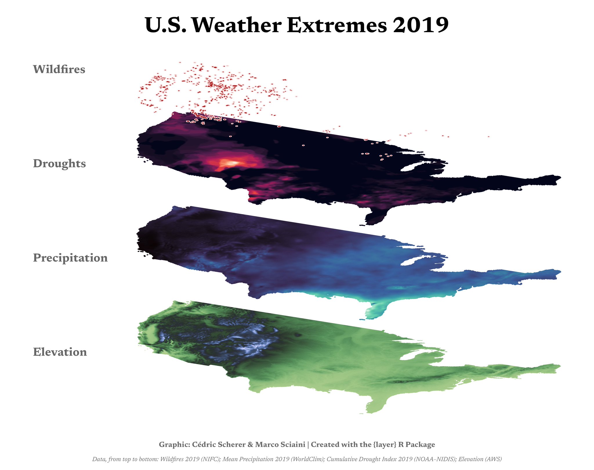 Example of a stacked tilted map by Cédric Scherer and Marco Sciaini