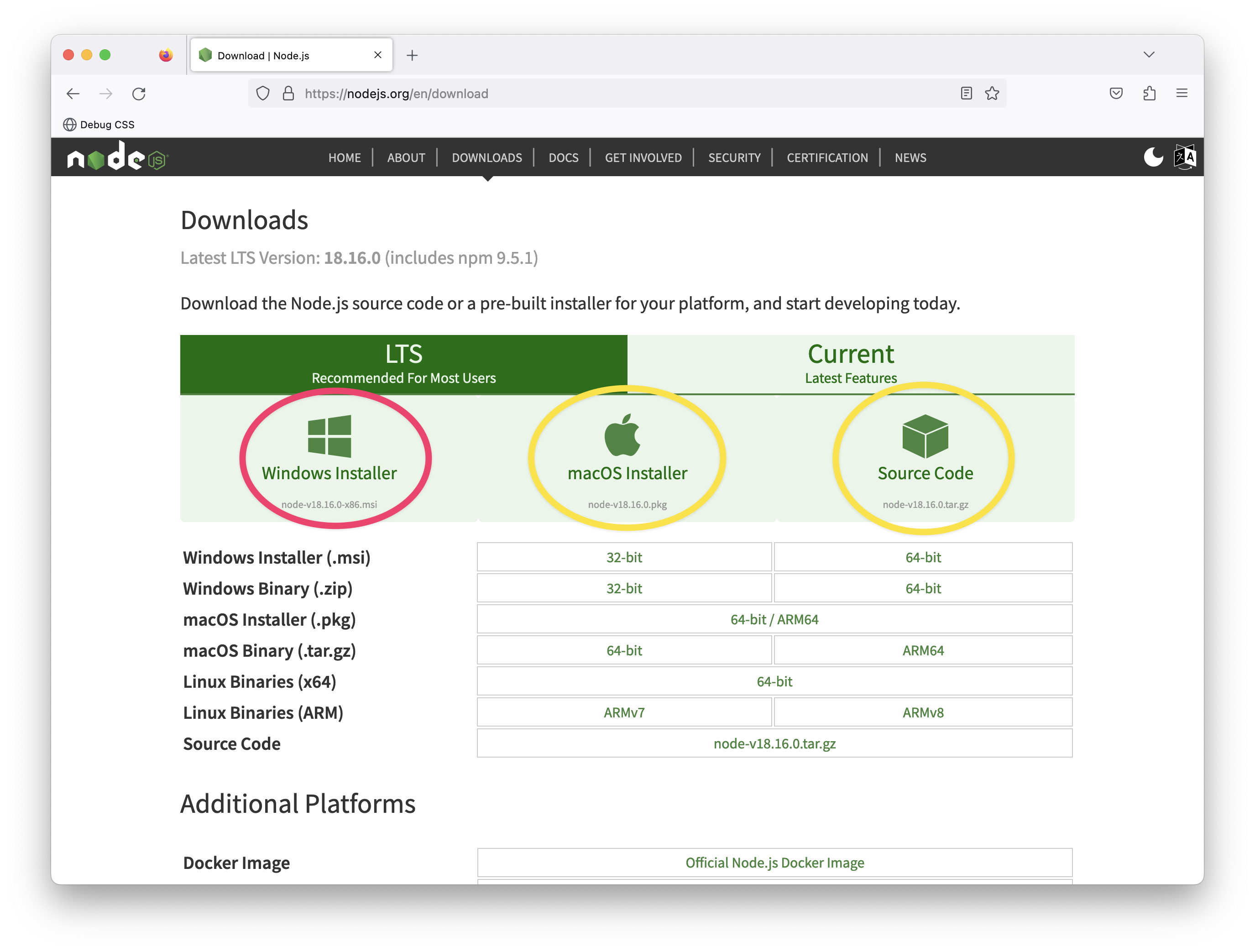 The NodeJS download page.