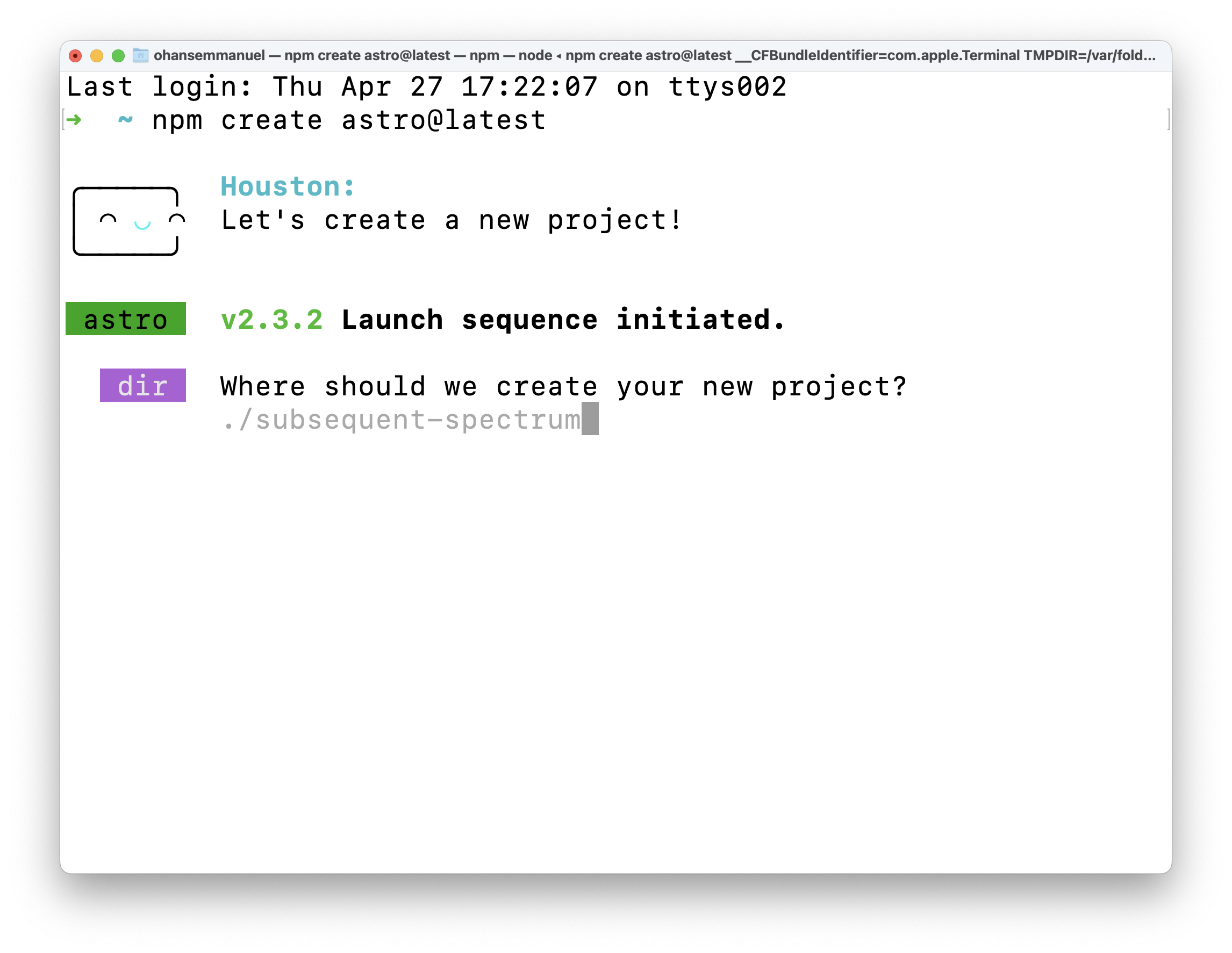 Starting a new project with the Astro CLI wizard extension.