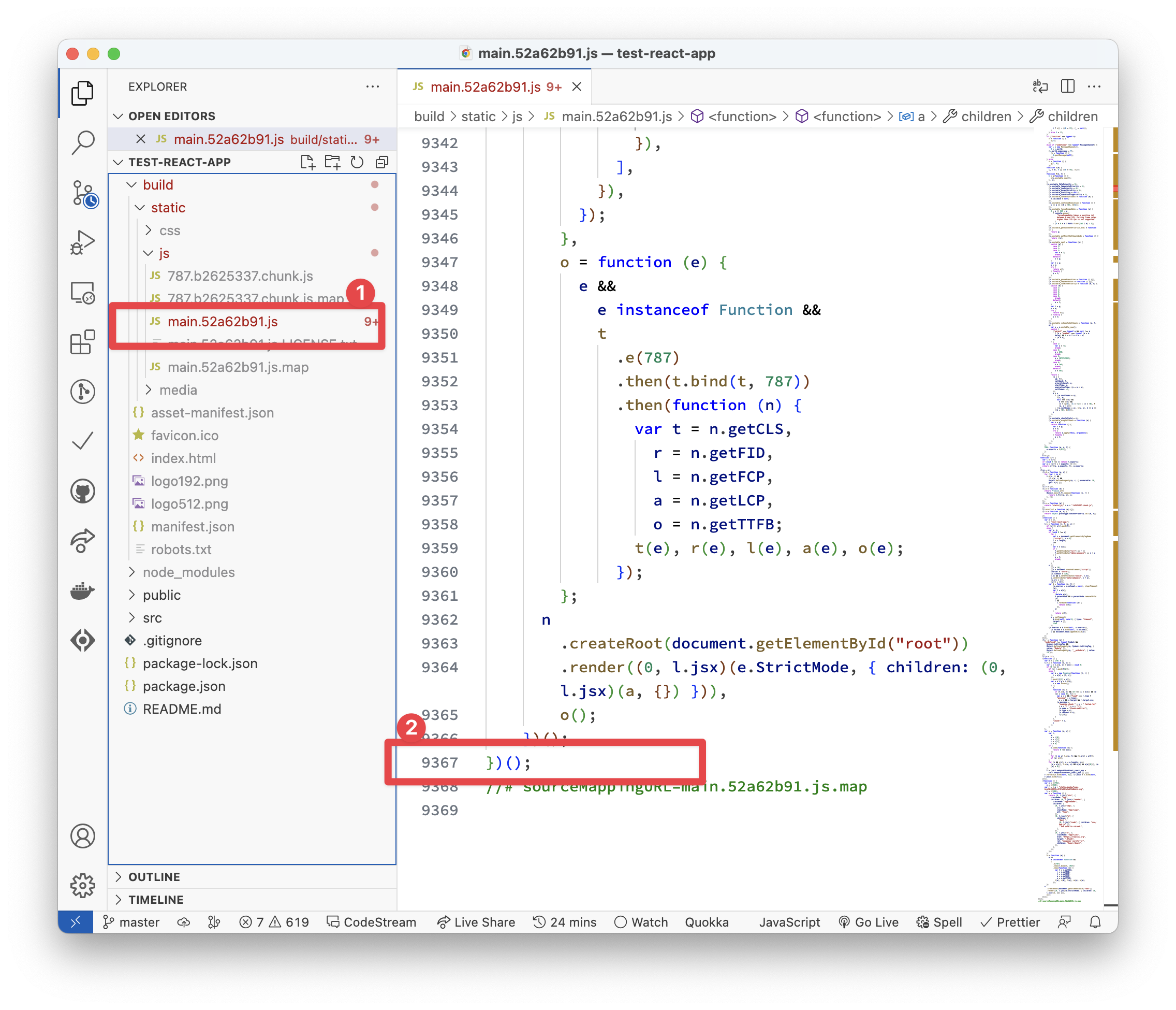 Unwrapping the minified Javascript asset for the trivial React application.