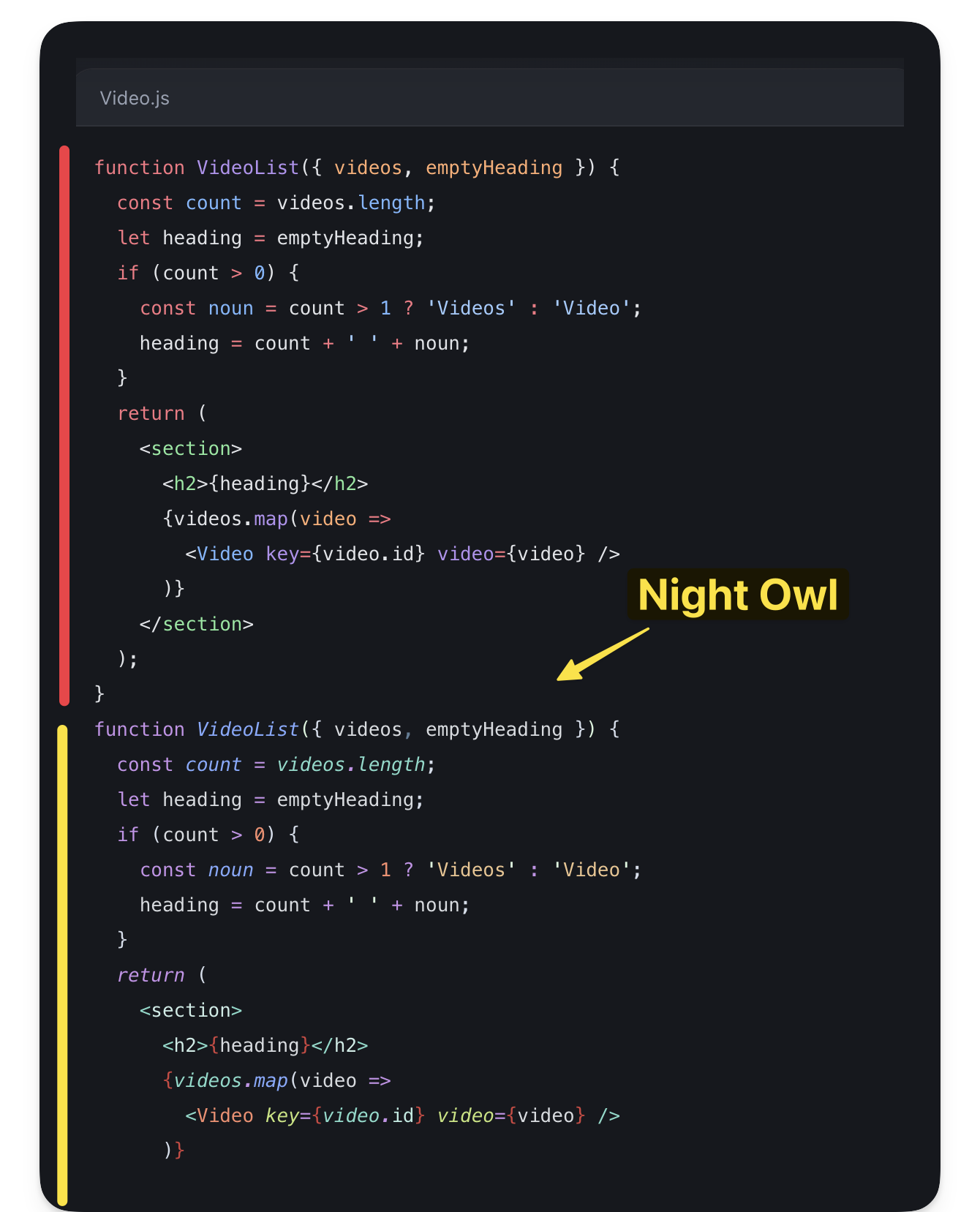 Comparing the previous highlighted code with the new Night Owl theme.