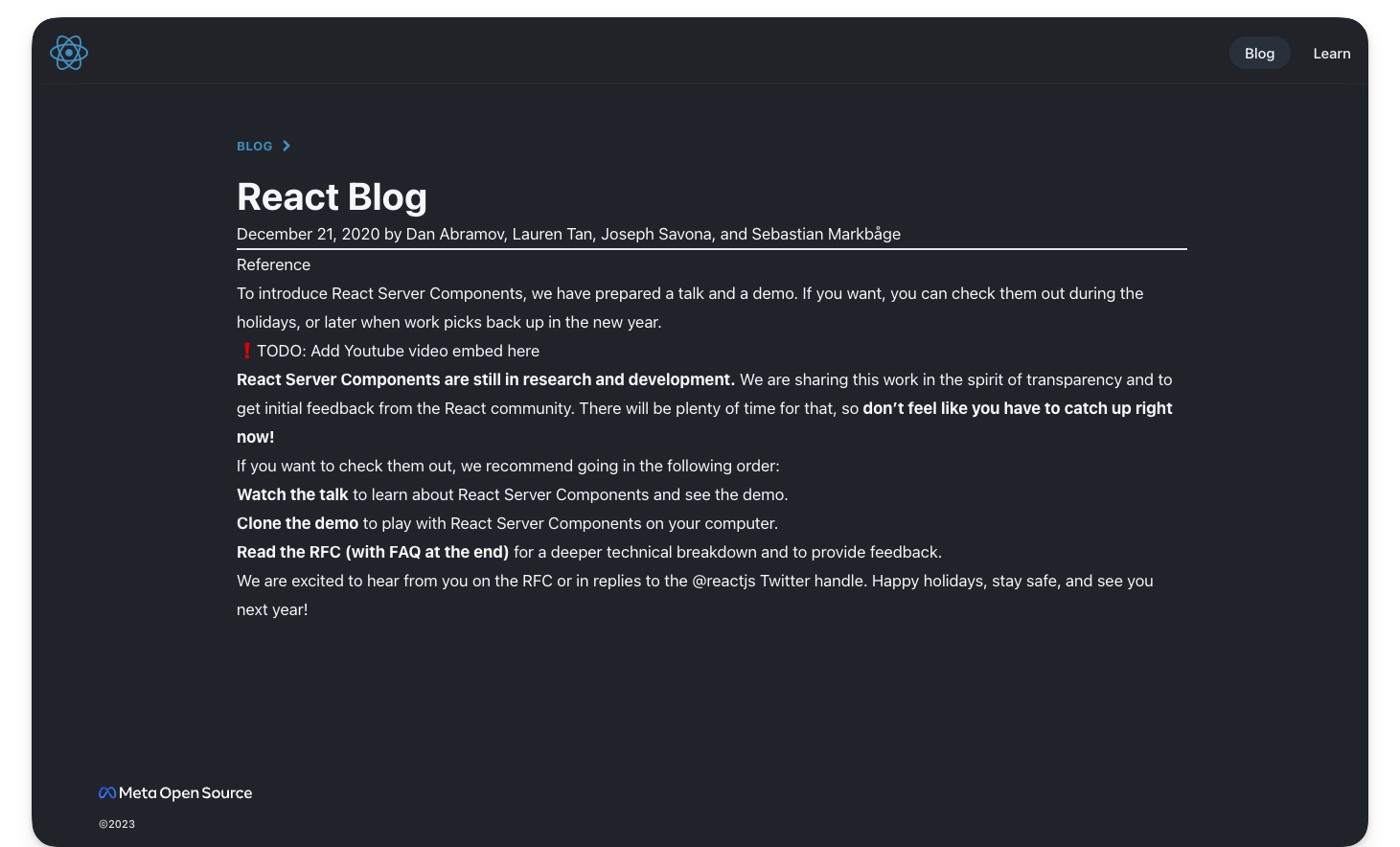 The rendered blog content.