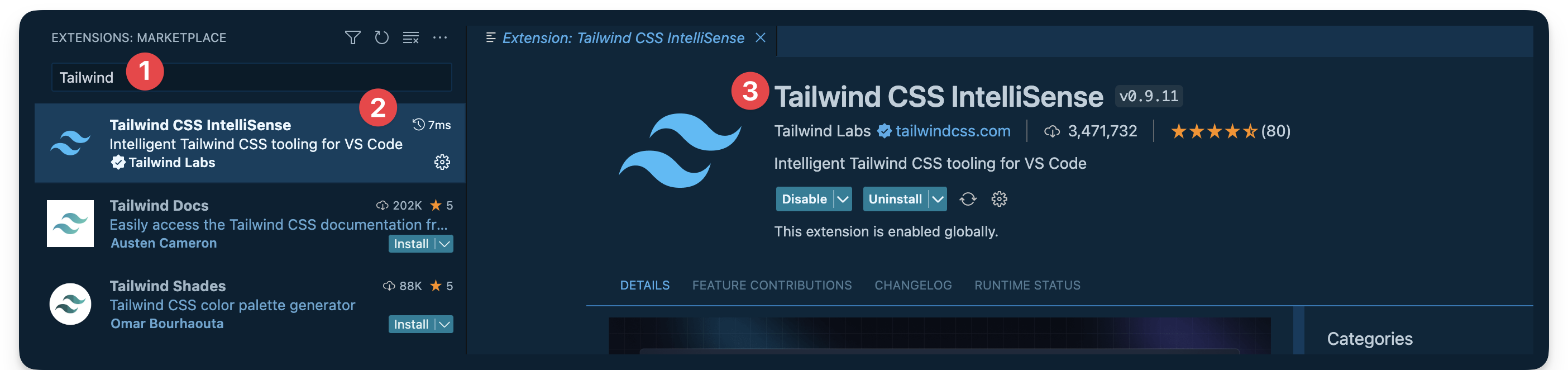 Installing the official VSCode Tailwind plugin.