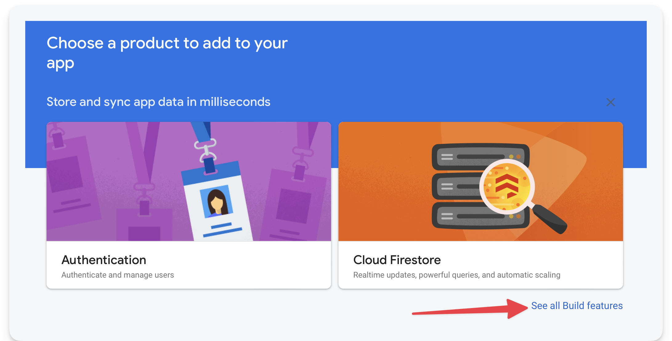 Viewing all build features on the Firebase console