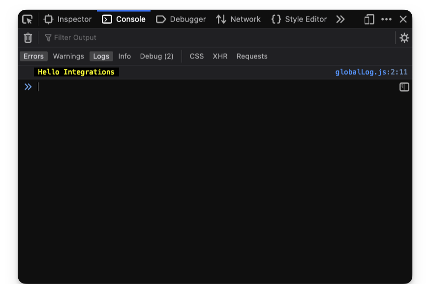 Working integration log printed in the browser console