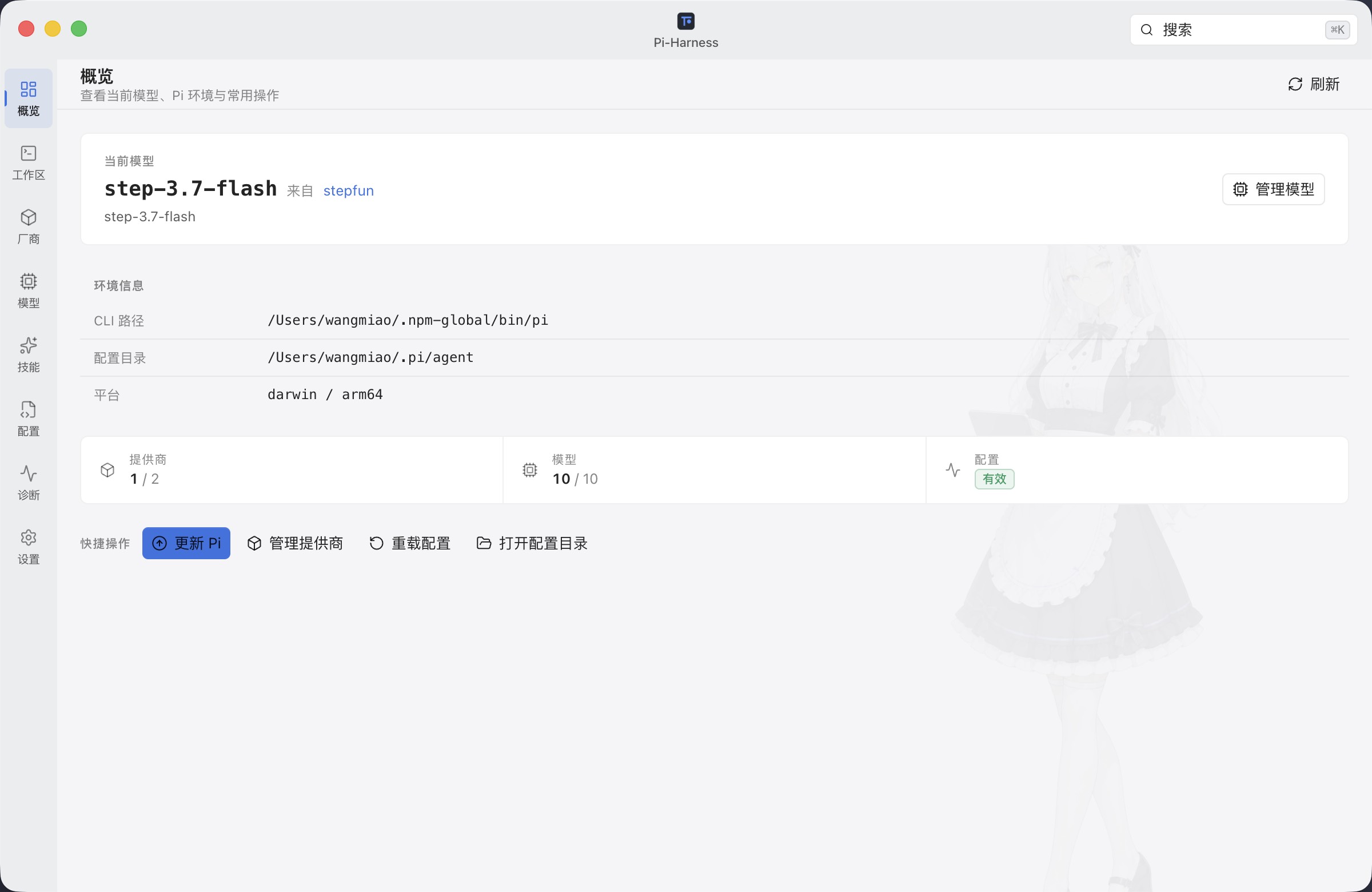 Pi-Harness overview with environment status, active model, and quick actions