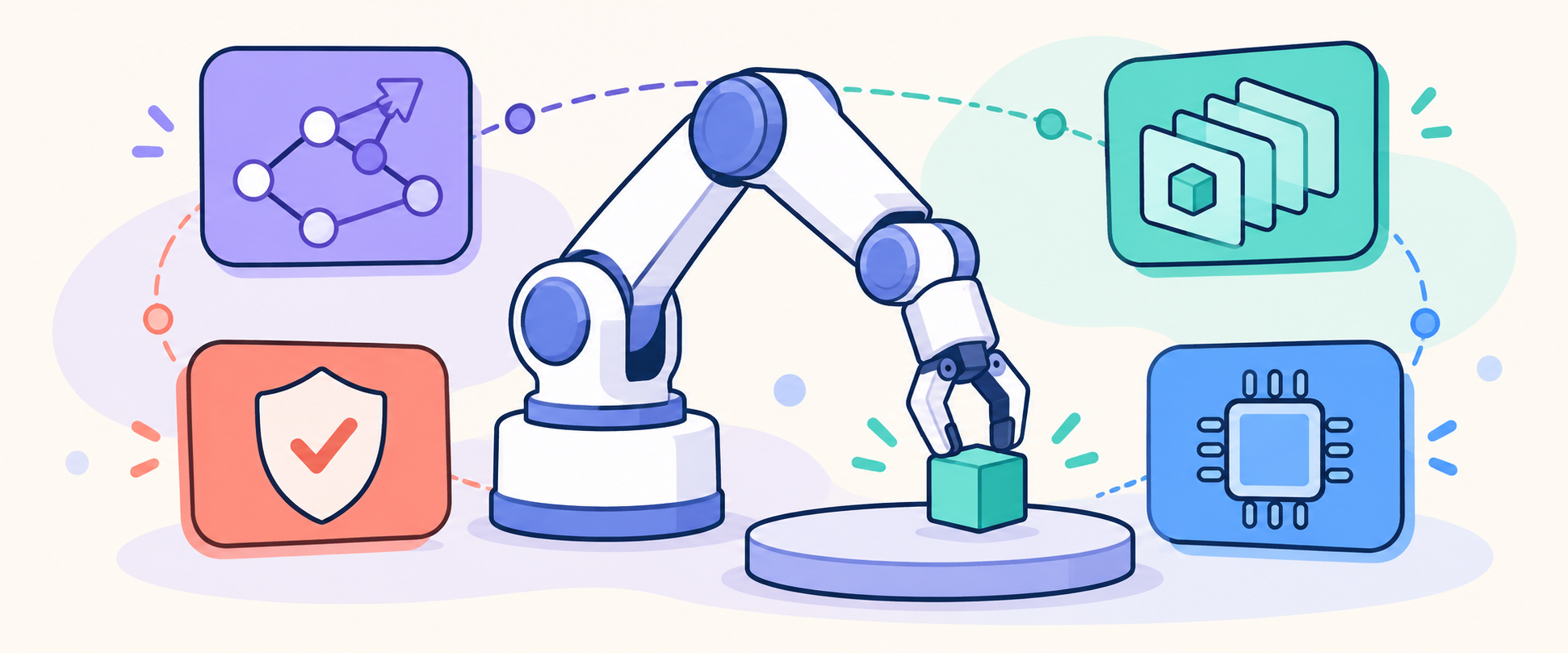 Cartoon robot arm surrounded by four research directions: agentic robotics, world action models, VLA failure detection and correction, and efficient VLA.