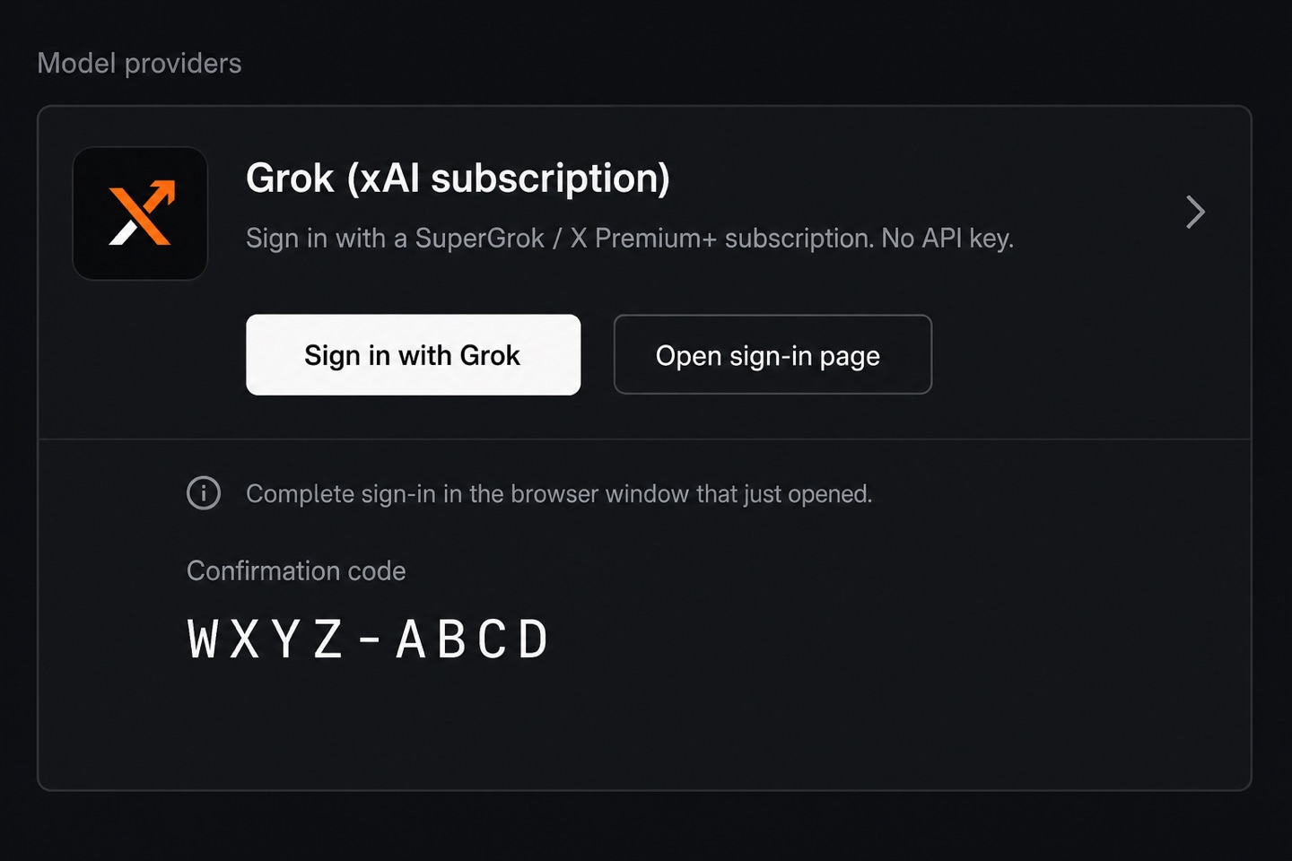 Settings → Models → Grok (xAI subscription)